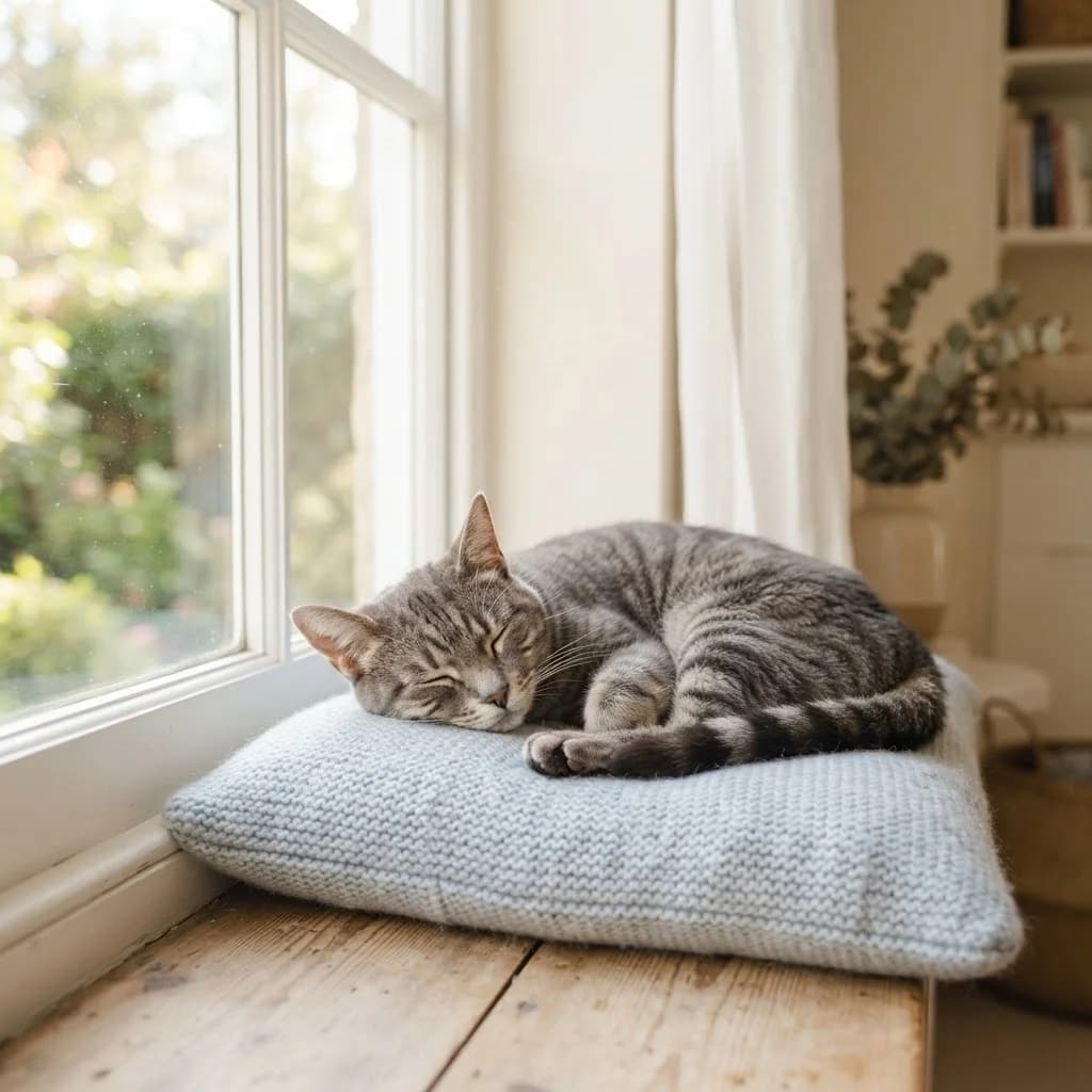 Gato descansando tranquilamente junto à janela