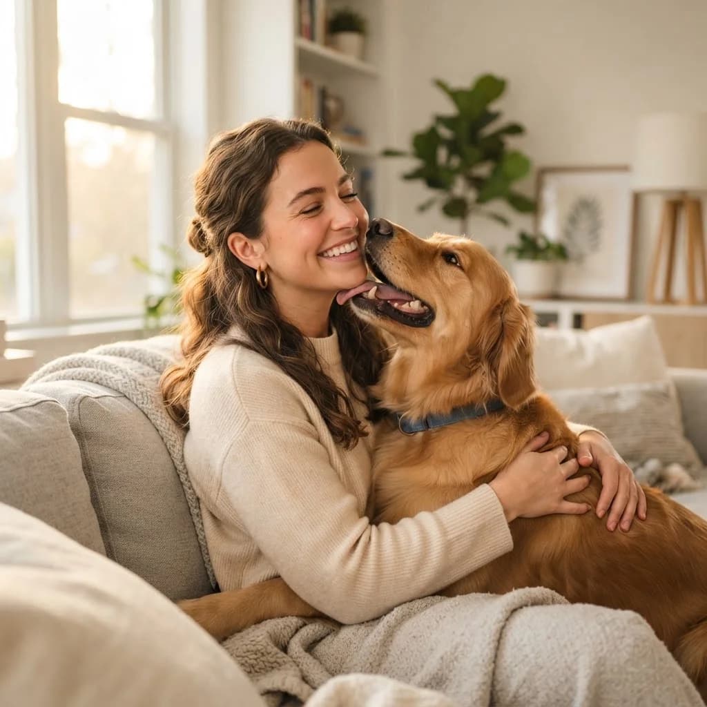 Tutora abraçando seu Golden Retriever em casa
