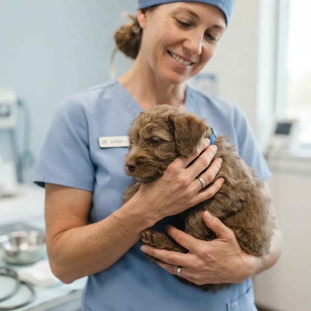 Veterinária acolhendo um filhote no consultório